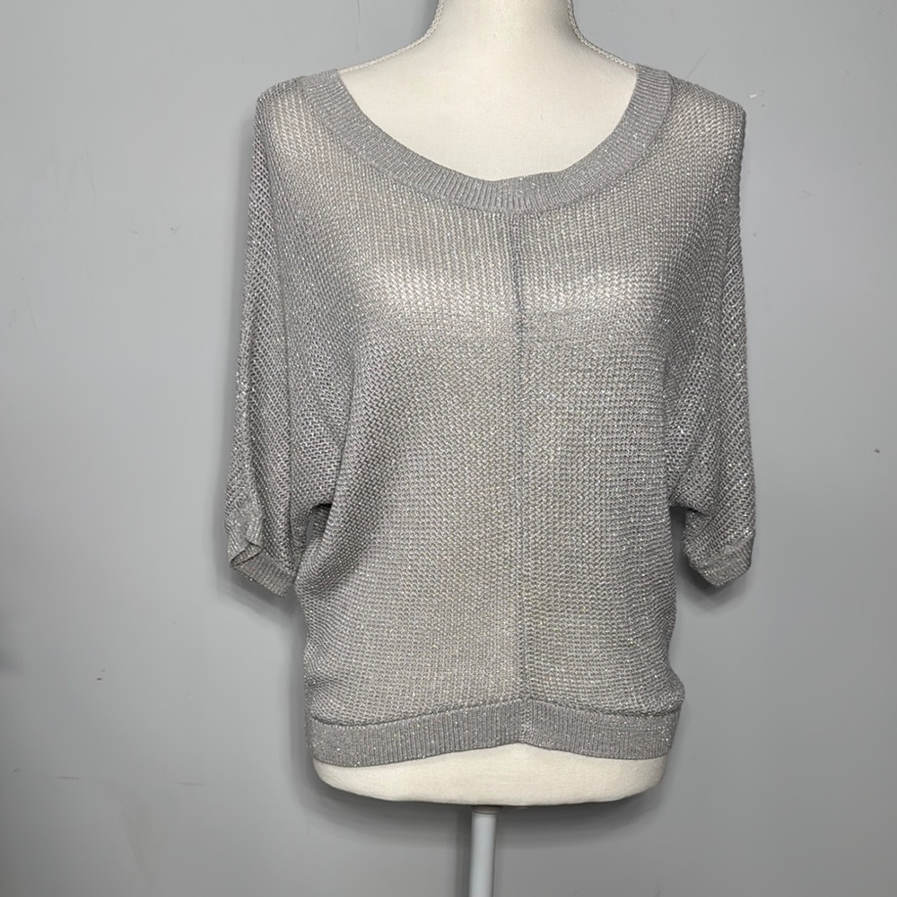 Loft Elegant Silver Gray Women's Sweater Open Knit V-Neck XSP 3/4 Sleeves